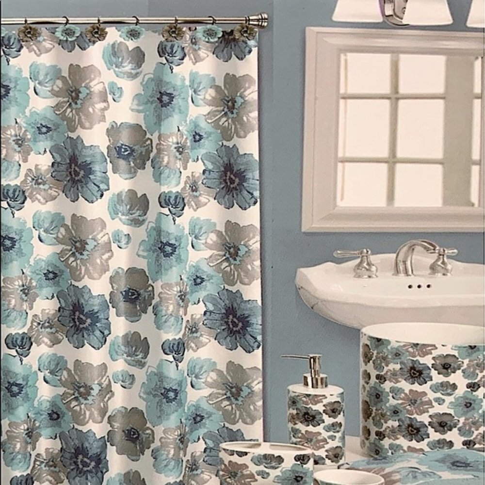 Today’s Living Floral Fabric Shower Curtain White Blue Tan- Clay 72 X 72 in